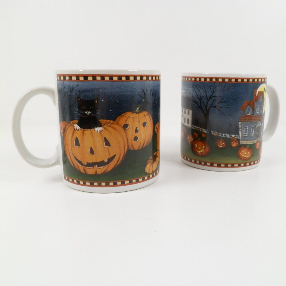 Two Vintage Halloween Mugs 2002 David Carter Brown Pumpkin Hollow Black Cat